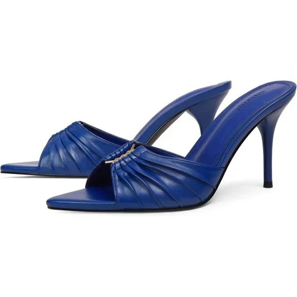Women's Blue Mules High Heels with Pointed Peep Toe Heeled Sandals Faux Leather